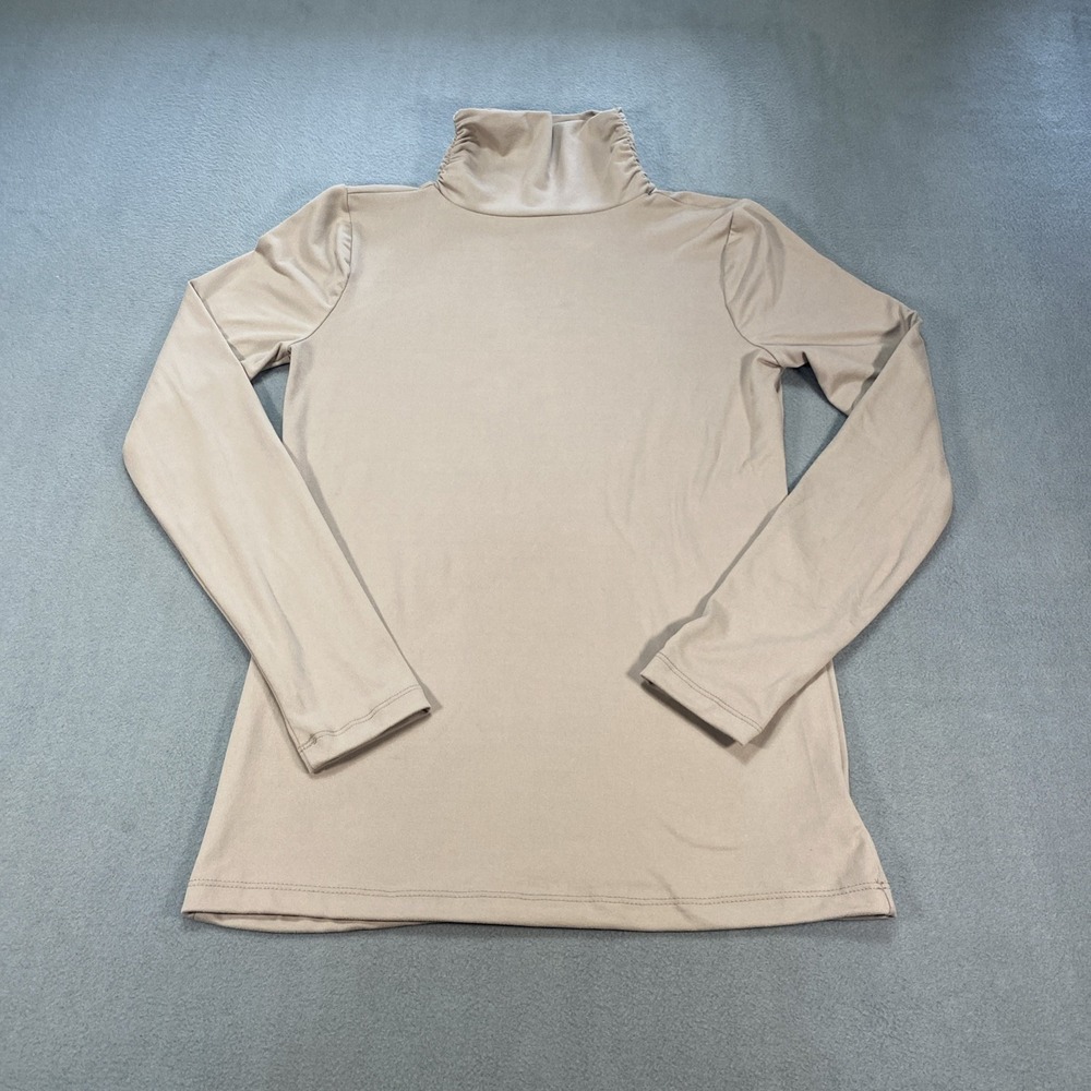 Zenana Women's Medium Ruched Turtleneck Fitted Long Sleeve Shirt Light Brown NWT